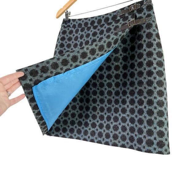 Boden 100% Wool British Tweed Faux Wrap Mini Skirt Polka Dot Blue Black, Size 6 - Picture 5 of 9